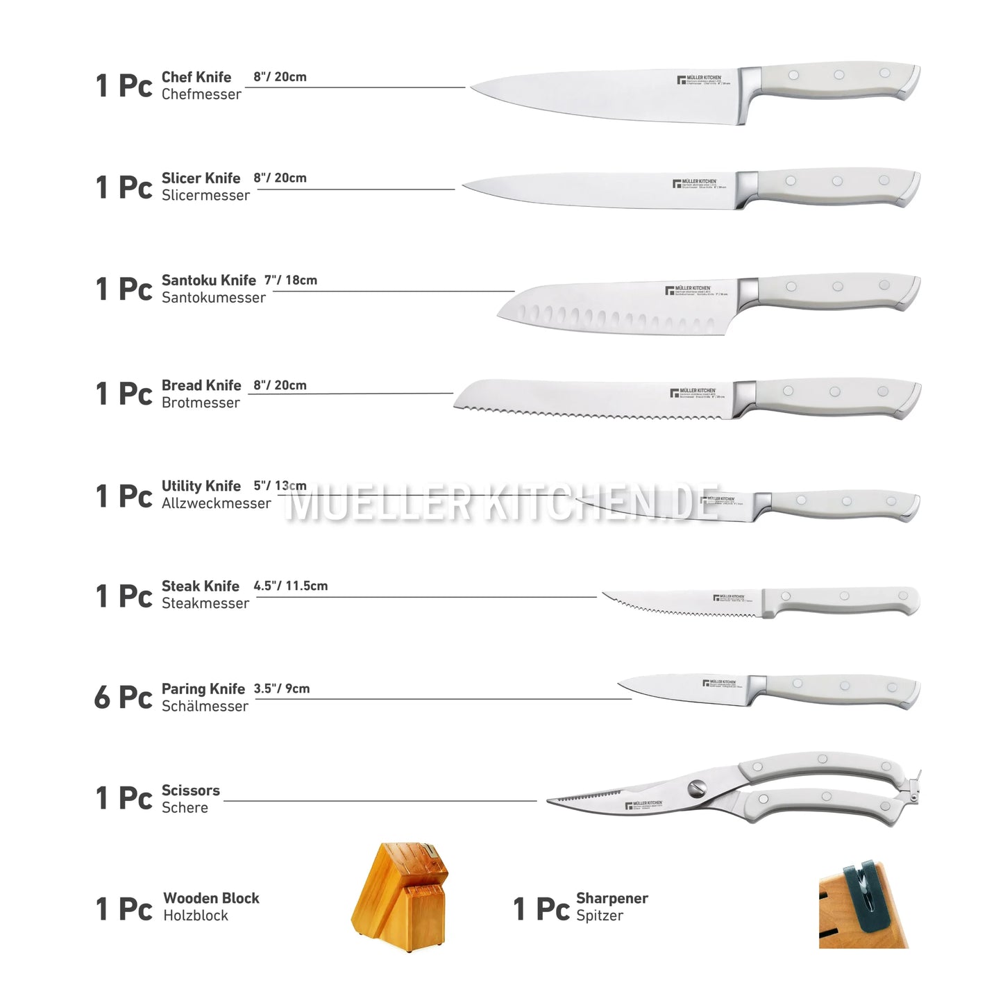 Mueller kitchen MK-2815 15 Pcs German SS knife set With Wooden Block