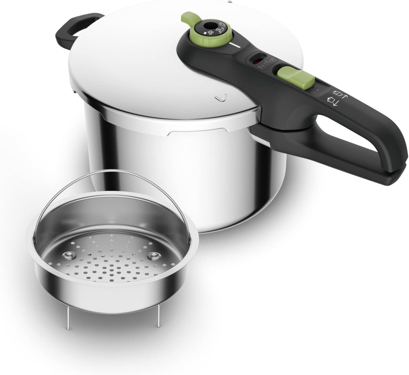 Tefal P2580702 Secure Trendy Pressure Cooker 6 L with Basket | 2-Level Cooking Regulator: Intensive Level 117 °C, Gentle Level 112 °C | Induction Capsule Base | for All Hobs | Stainless Steel/Black