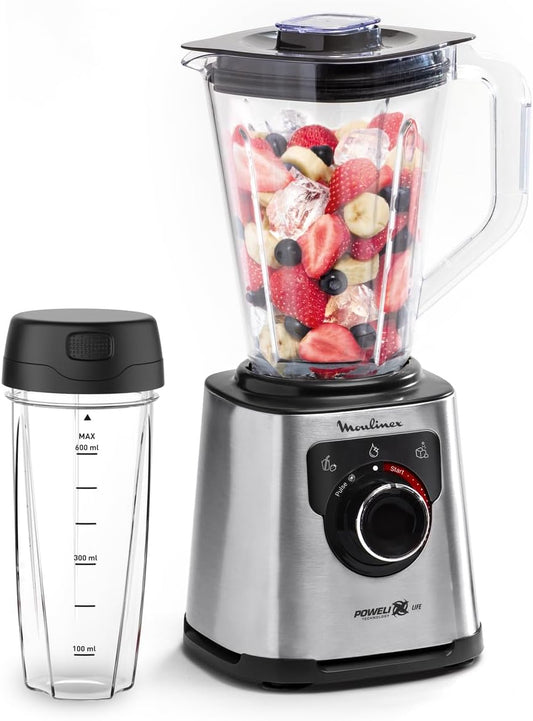 MOULINEX Blender | PerfectMix |High Speed 2 L Blender Smoothie Maker | Mixer | 1200 W | 4 Auto Programs | Light and Unbreakable Jar | Powerful Blending | 600 ml bottle | 2 Years Warranty | LM88HD27