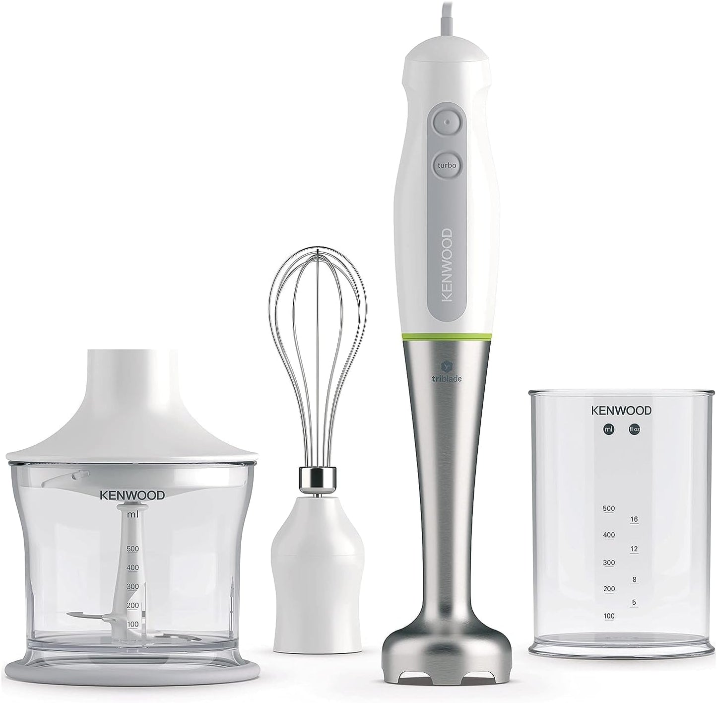 Kenwood Triblade System Hand Blender, Mixer with Anti-splash, 0.5L BPA-free Plastic Beaker, 0.5L Chopper, Stainless Steel Whisk, 600W, HDP109WG,Color Silver