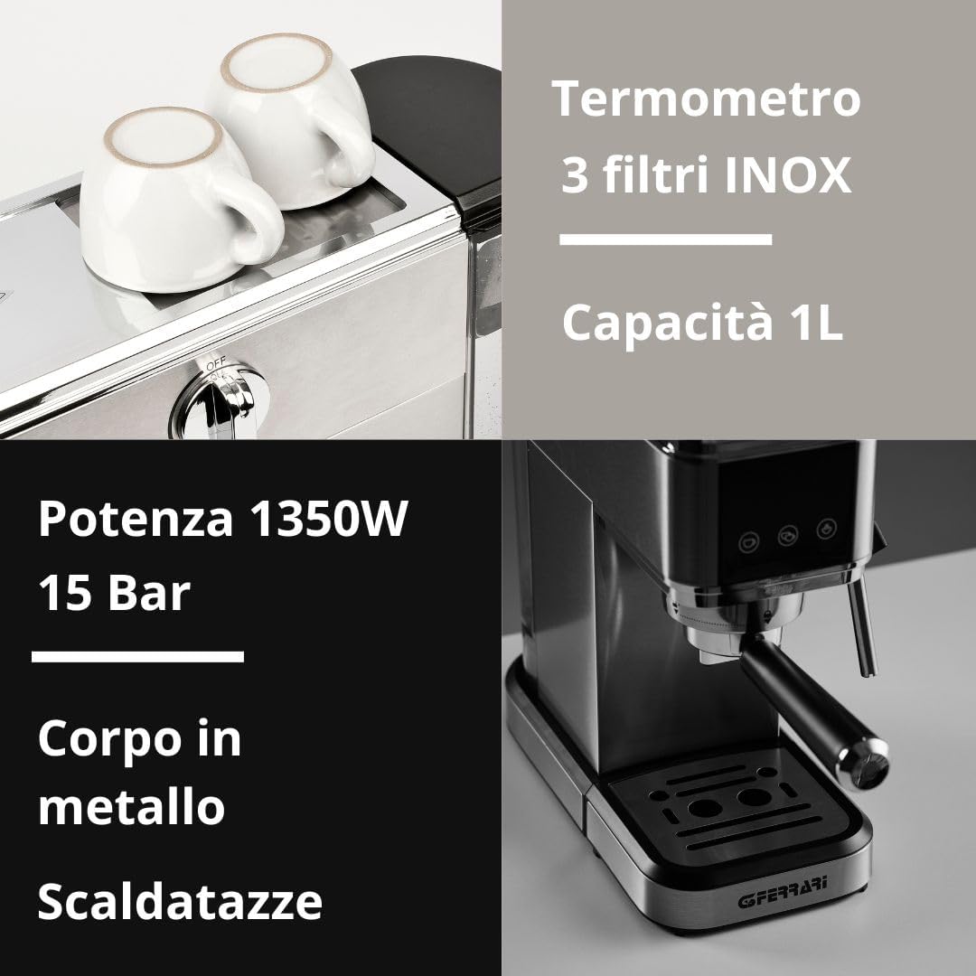 G3 Ferrari G10189 Tiffany Espresso Coffee Machine, 15 Bar, Cup Warmer, Compatible with Pods and Coffee Powder, Standby and Sleep Function