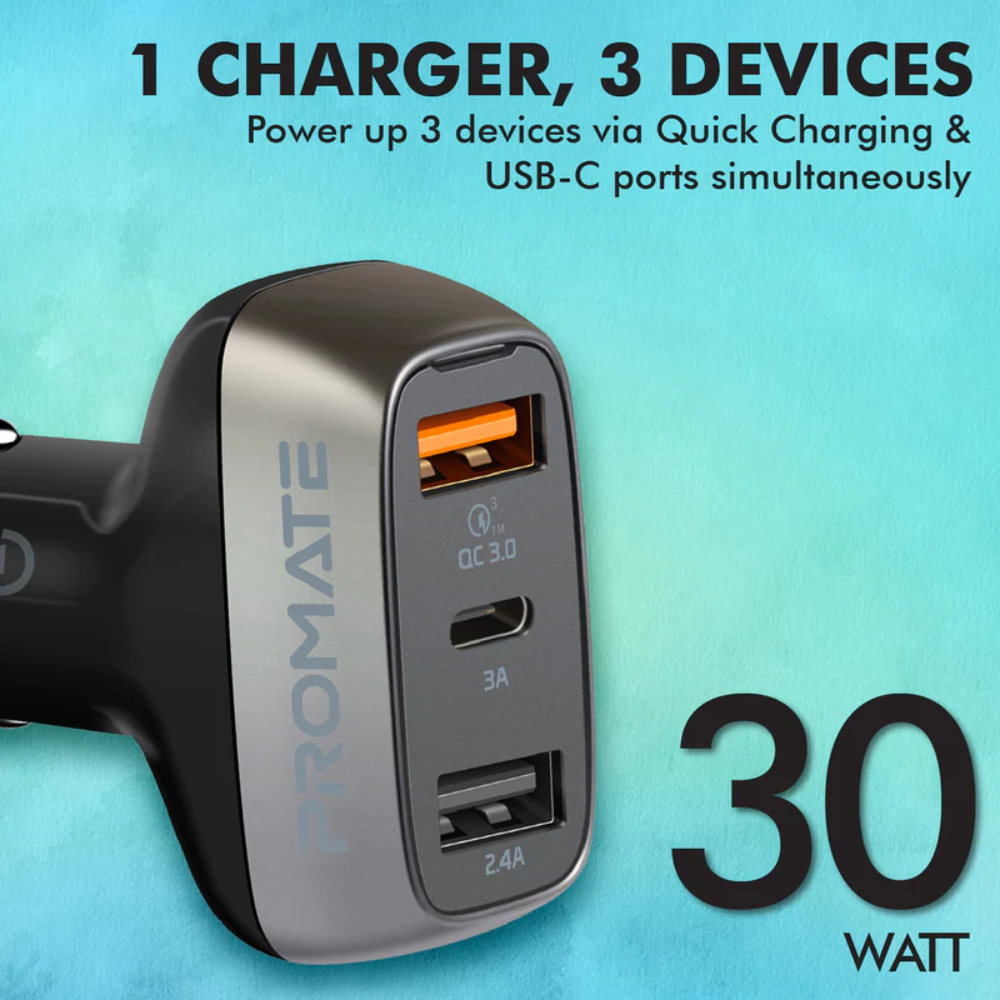 Promate - Scud-C30 - 30W car charger with QC3.0 and 3A USB-C port
