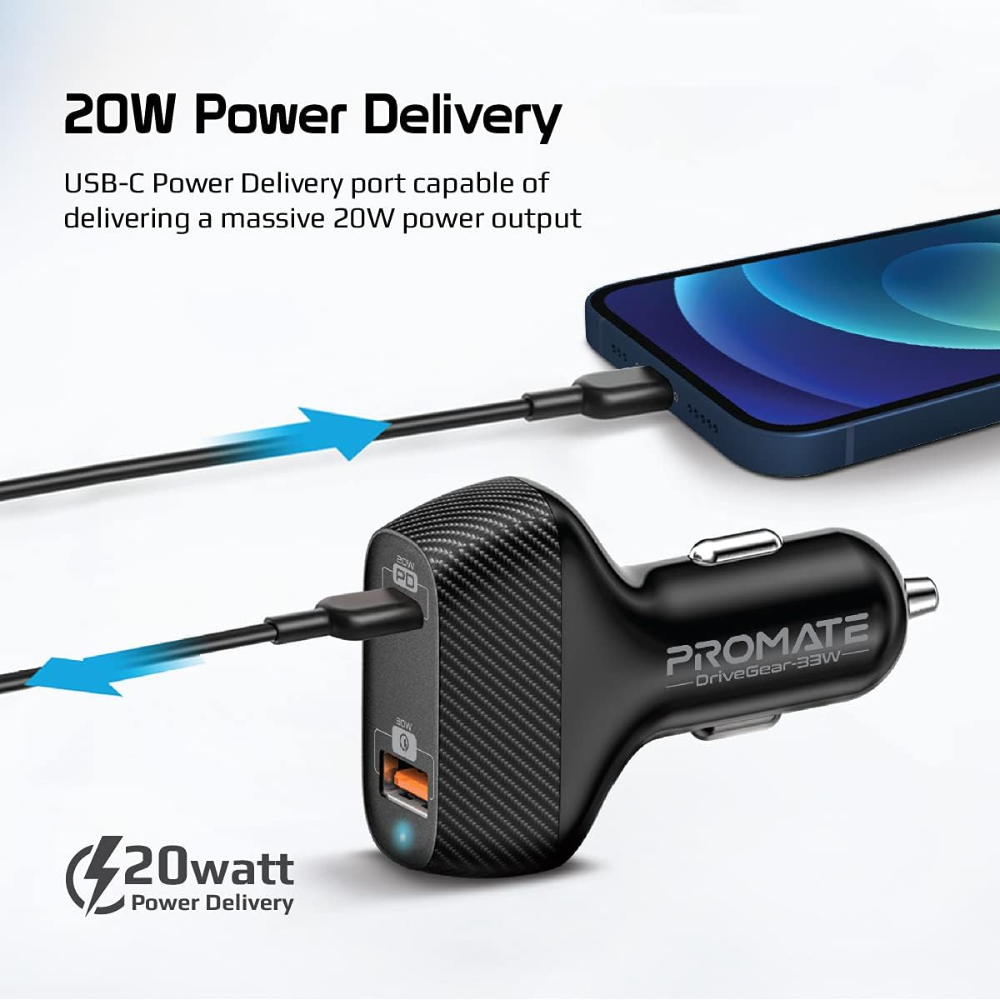 Promate - USB-C Car Charger - Dual Port Car Adapter – Selfani