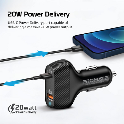 Promate - USB-C Car Charger - Dual Port Car Adapter