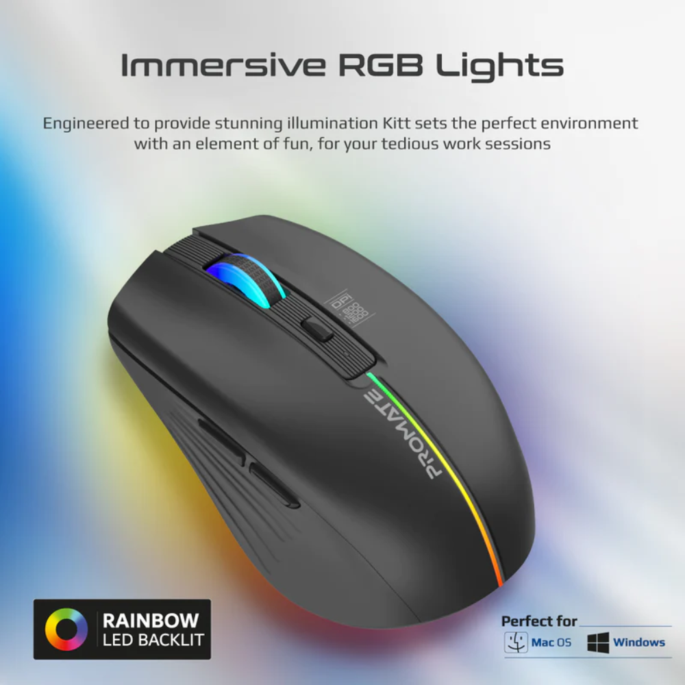 Promate - Kitt - 2.4GHz Wireless Ergonomic Optical Mouse with LED Rainbow Lights