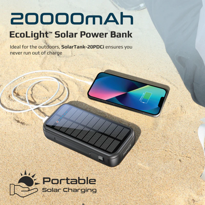 Promate - SolarTank-20PDCi - 20000mAh EcoLight™ Solar Power Bank with Built-in USB-C & Lightning Cables