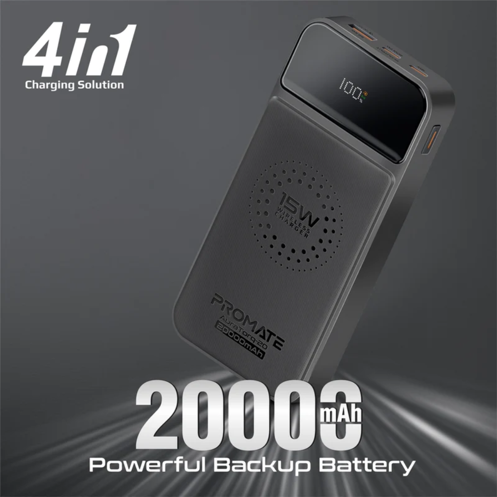 Promate - AuraTorq-20 - Ultra Slim 15W Wireless Charging Power Bank with 20Watt PD & QC3.0