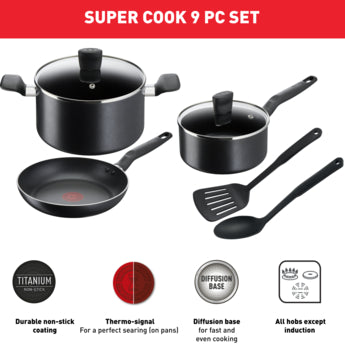 TEFAL Super Cook 7 pc set, frypan 24 cm, saucepan 18 cm+lid, stewpot 24 cm+lid, spoon, slotted spatula - B459S784